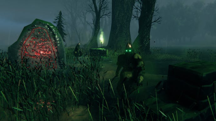 A Valheim screenshot of a Draugr wielding an axe and staring at the camera, with another Draugr in the background guarding a chest and a Vegvisir in a Swamp biome.